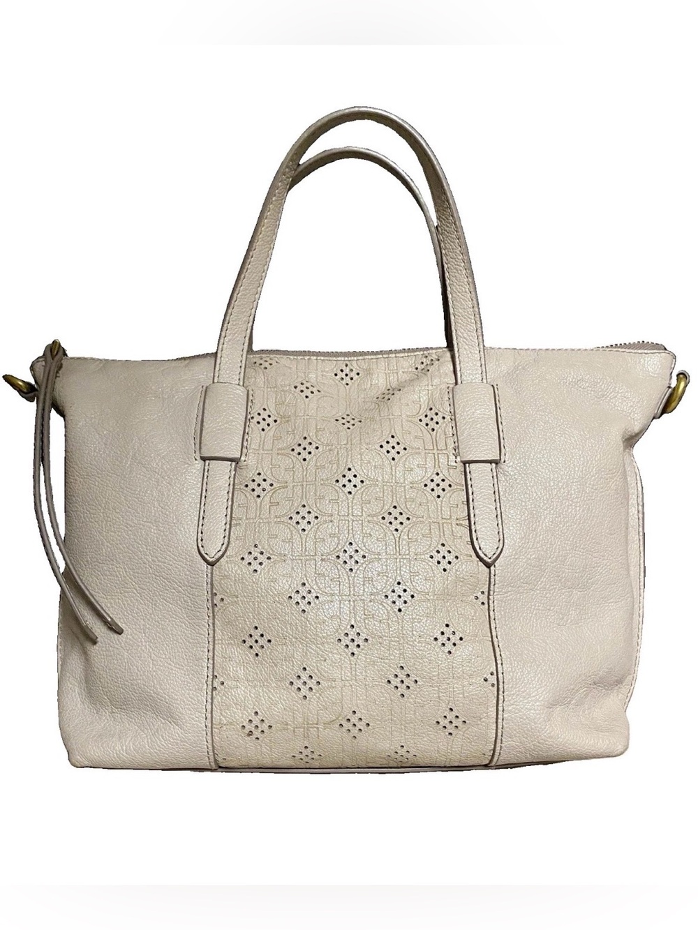 Fossil Skylar Leather Satchel Perforated Crossbody Handbag Light Taupe/Cream